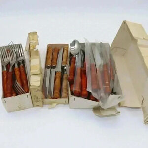 Vintage Wood Handled Flatware set, service for 8, Colonial Style Rustic NIB